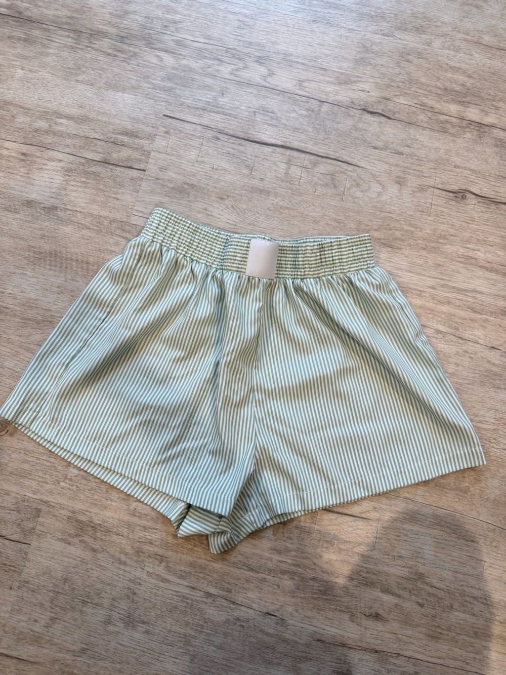 Light Green Striped Women’s Elastic Waist Shorts
